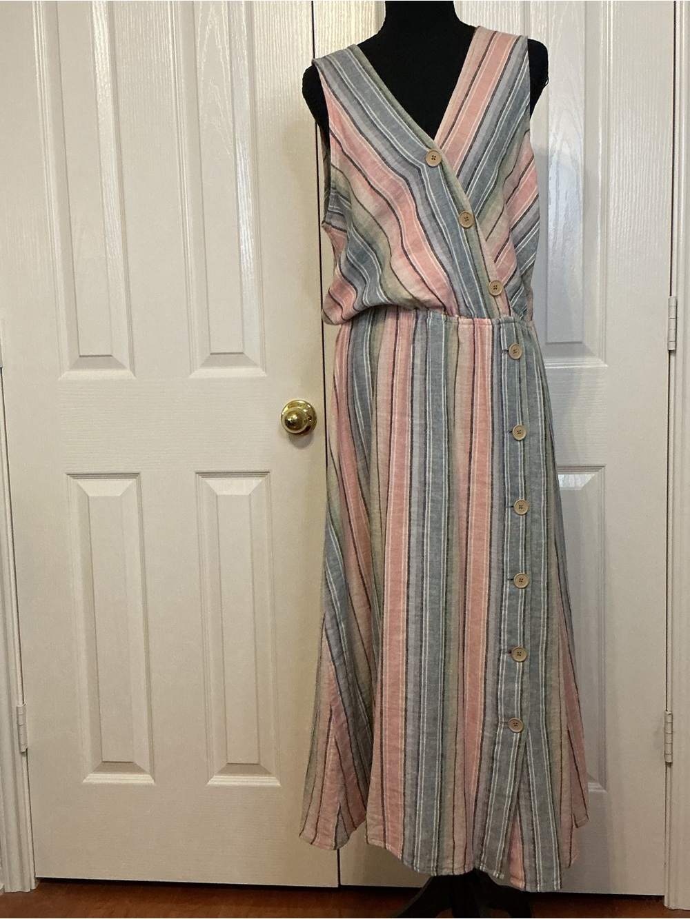 Indigo Rein Sleeveless Striped Linen Blend Maxi Dress in Pink and Gray Sz L